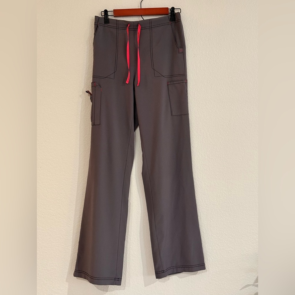 Carhartt Women’s Gray Cargo Scrub Pants with Pink Drawstring